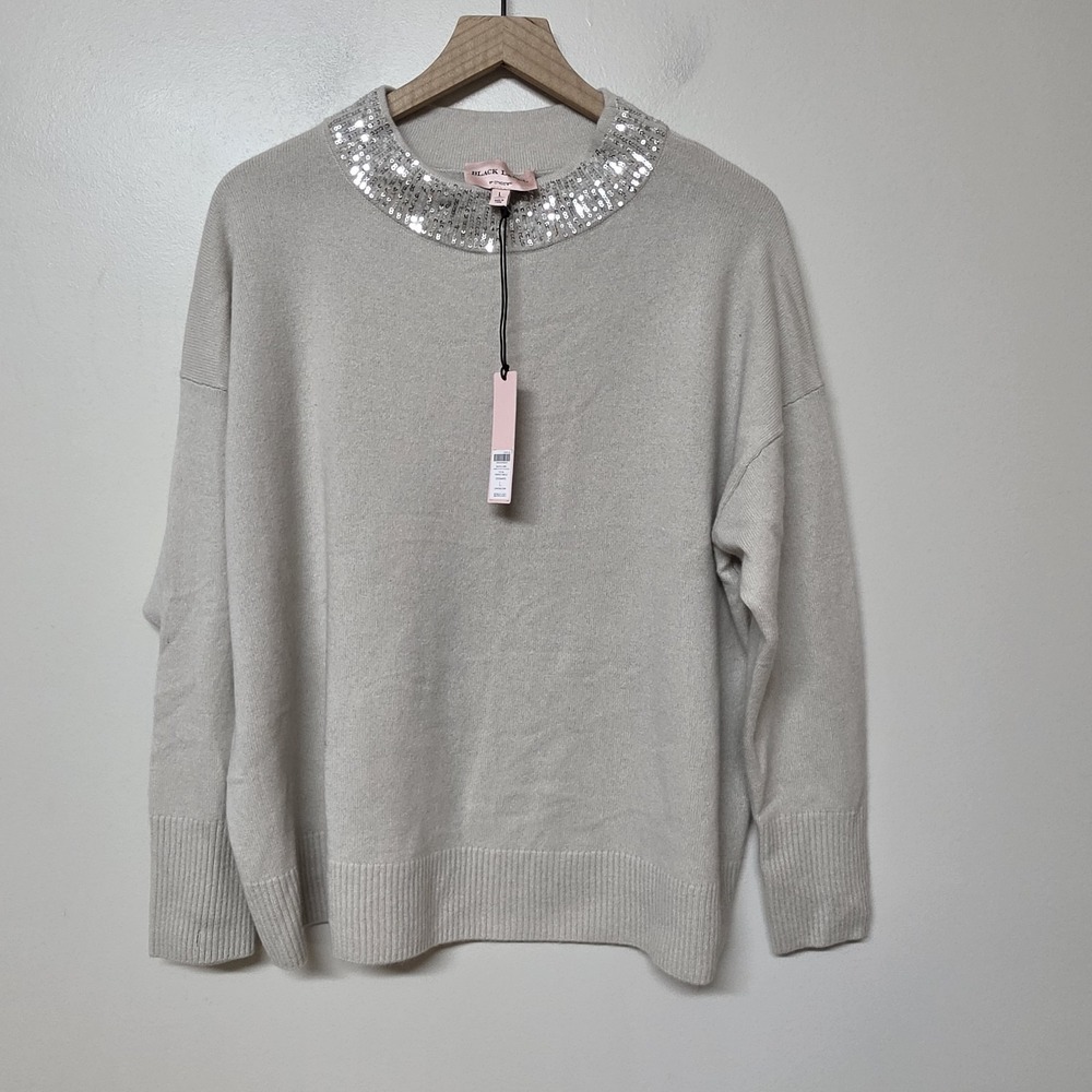 Chico's Black Label 100% Cashmere Sweater Mock Neck With Sequins Beige Sz L NWT
